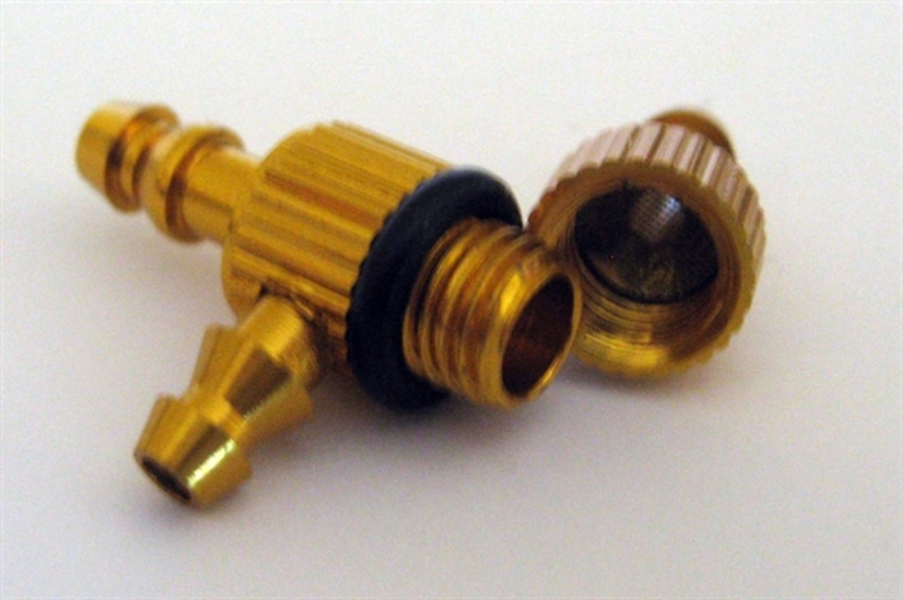 Picture of Gold anodised Gas or Glow Fuel T piece with fuel filter